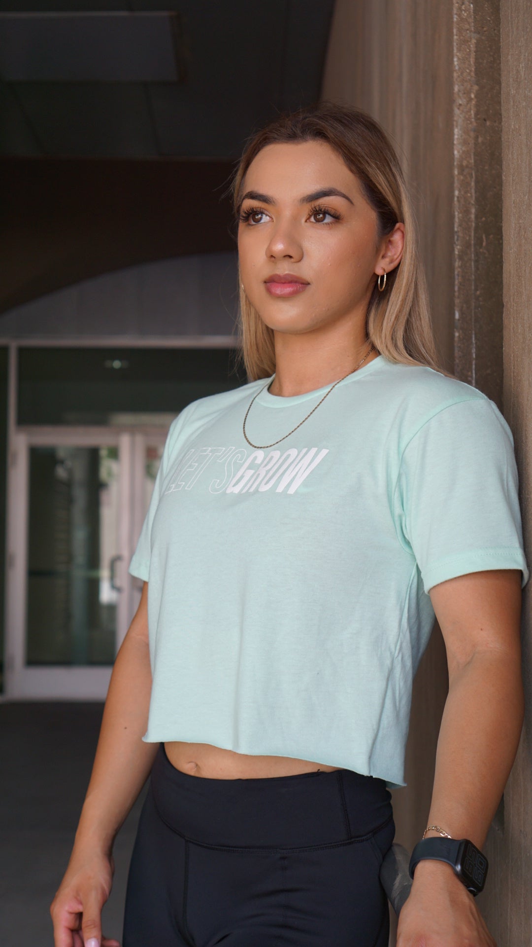 Let's Grow Outline Crop Top-Mint/White
