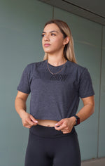 Load image into Gallery viewer, Let&#39;s Grow Outline Crop Top-Charcoal/Black
