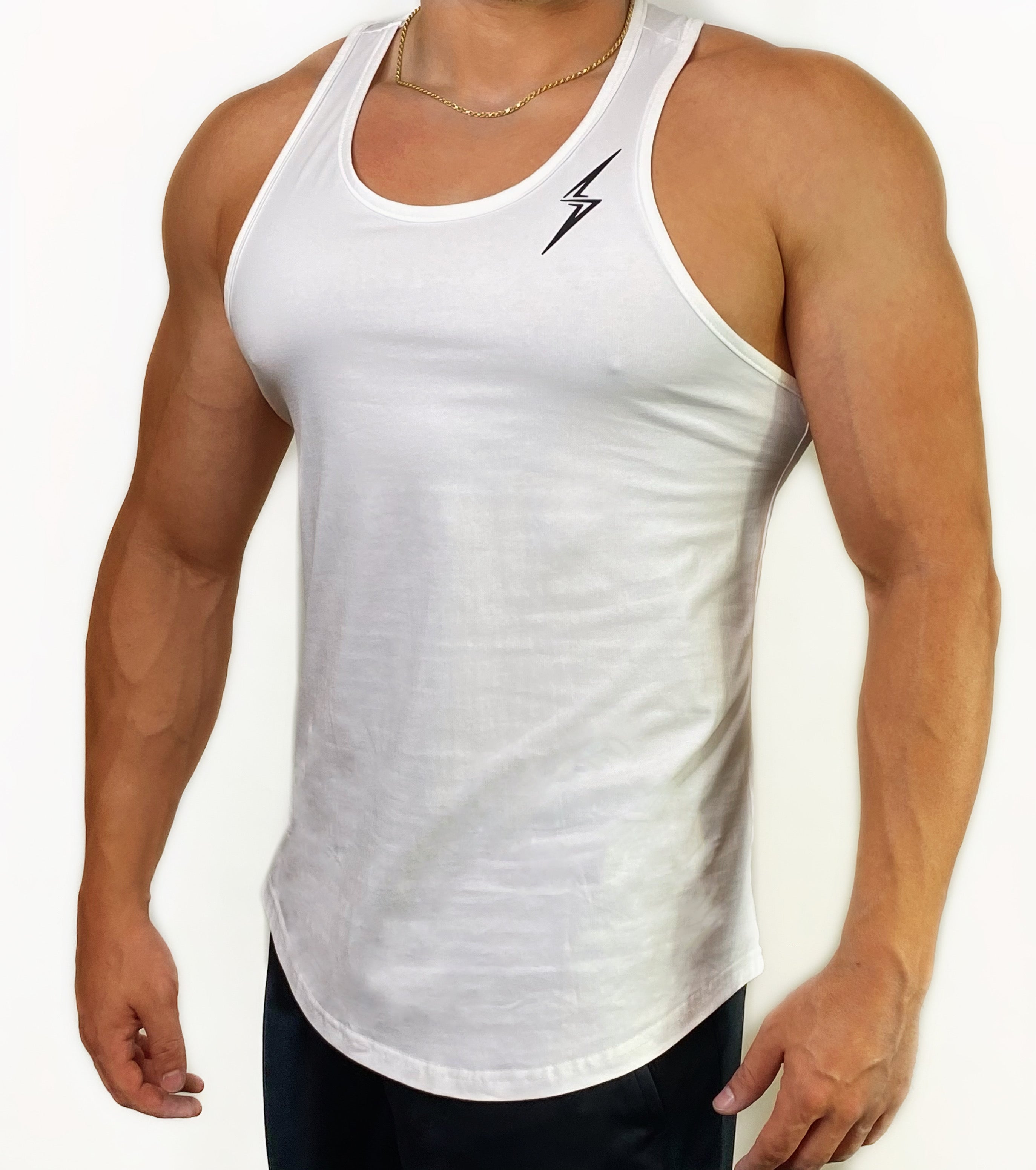 Curved Hem Bolt Tank Top-White/Black