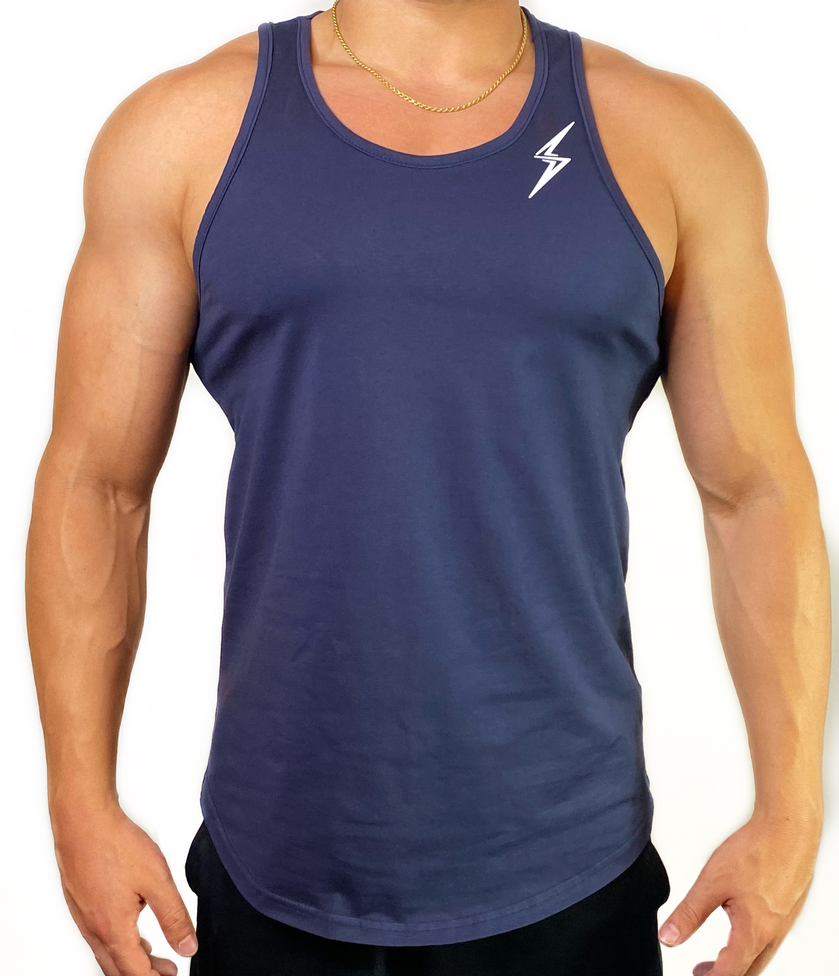 Curved Hem Bolt Tank Top-Navy/White