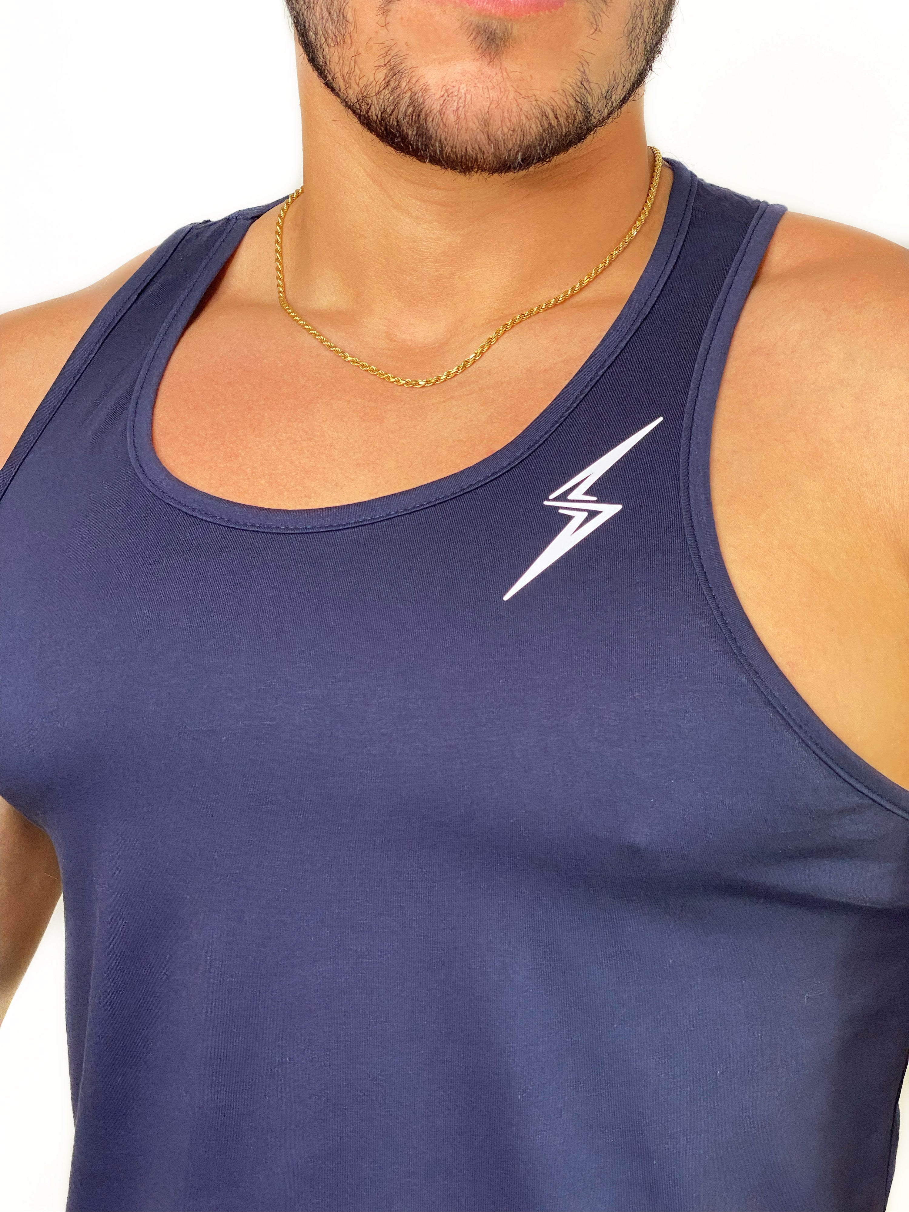 Curved Hem Bolt Tank Top-Navy/White